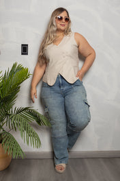 Jean Cargo Tiro Alto Efecto Dirty Marca Trucco´s Plus Size