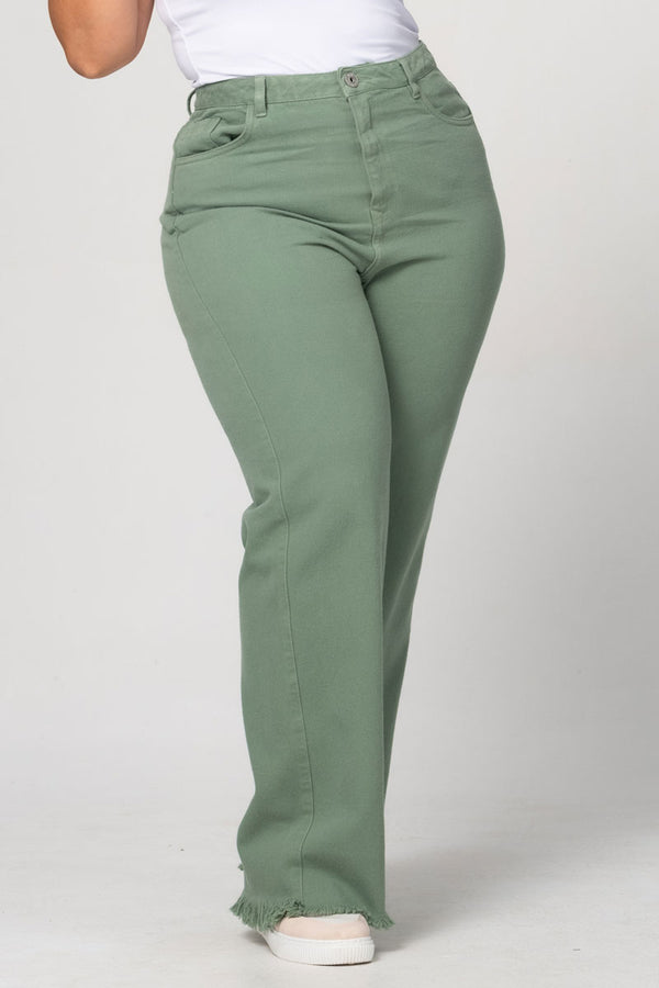 Jean Wide Leg Tiro Alto Color Verde Oliva Marca Trucco's PLus Size