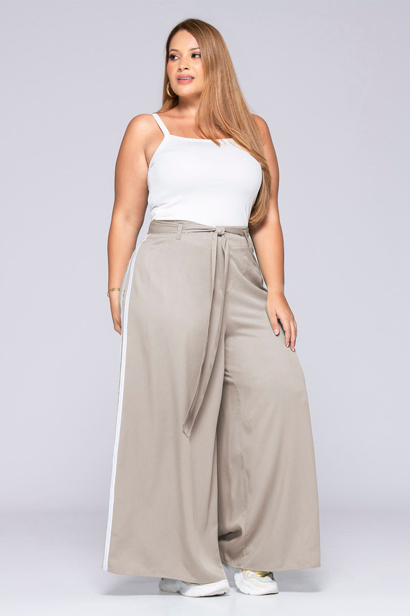 Pantalón Tipo palazzo Tiro Alto Rayas Blancas Laterales con cinturon Plus Size