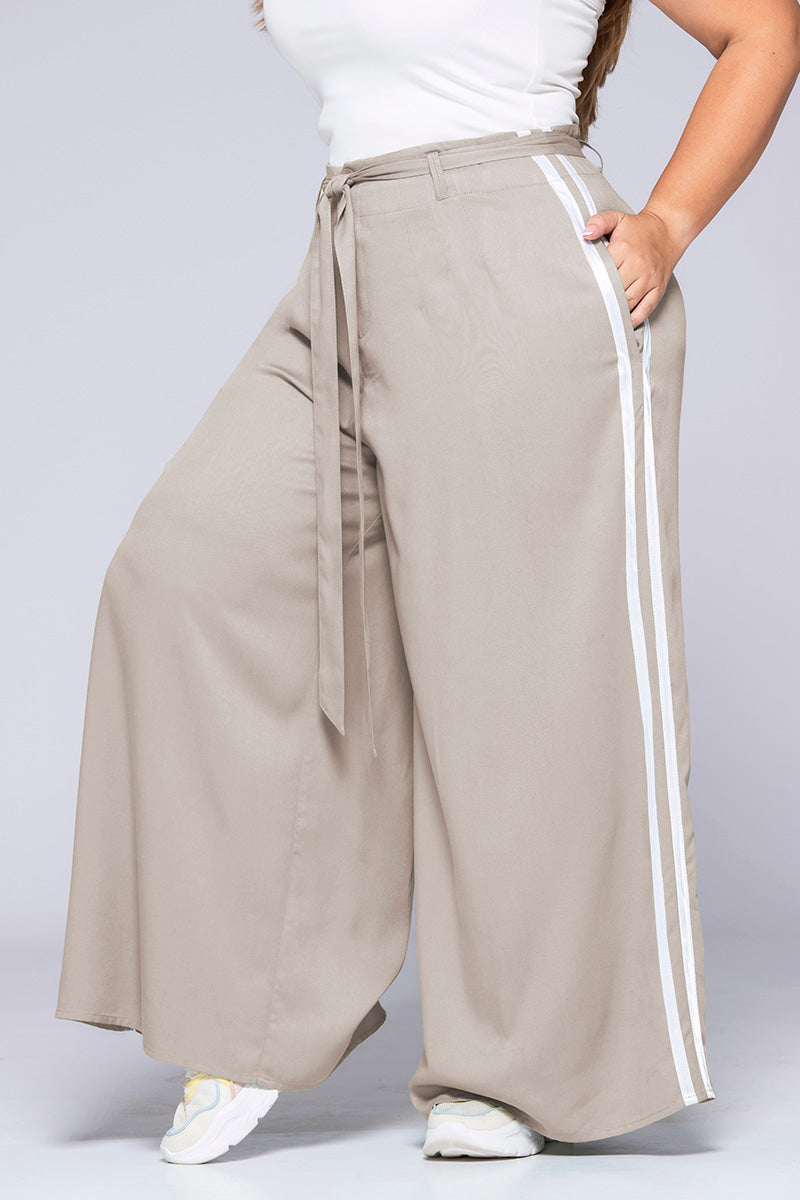 Pantalón Tipo palazzo Tiro Alto Rayas Blancas Laterales con cinturon Plus Size