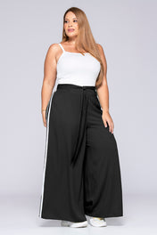 Pantalón Tipo palazzo Tiro Alto Rayas Blancas Laterales con cinturon Plus Size