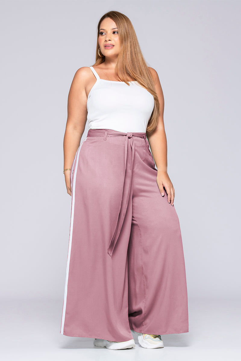 Pantalón Tipo palazzo Tiro Alto Rayas Blancas Laterales con cinturon Plus Size