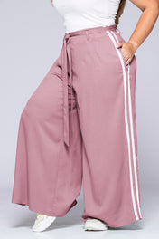 Pantalón Tipo palazzo Tiro Alto Rayas Blancas Laterales con cinturon Plus Size