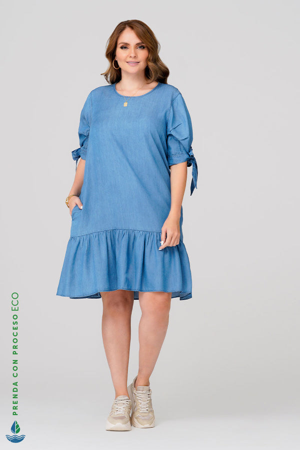 Vestido Corto En Tencel Color Azul Medio Marca Trucco's Plus Size