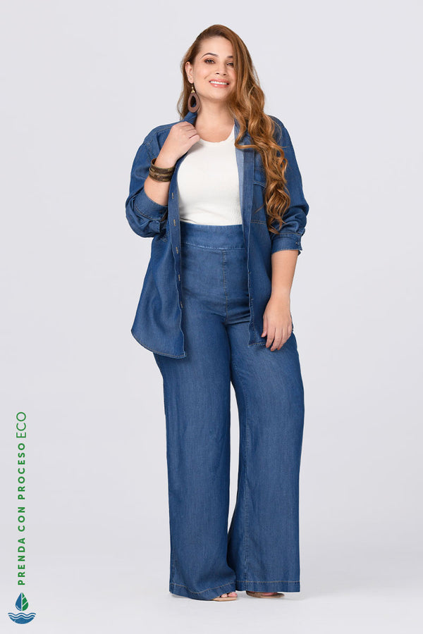 Conjunto En Tencel Pantalón y Camisa  Color Azul Oscuro Marca Trucco's Plus Size