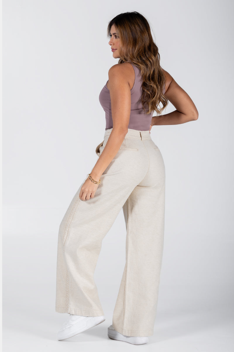 Pantalón Wide Leg Talle Alto en Lino Natural para Mujer - Marca Trucco´s