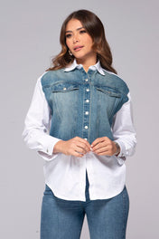 Camisa Manga Larga Blanca Con Bloque Frontal Denim Marca Trucco´s