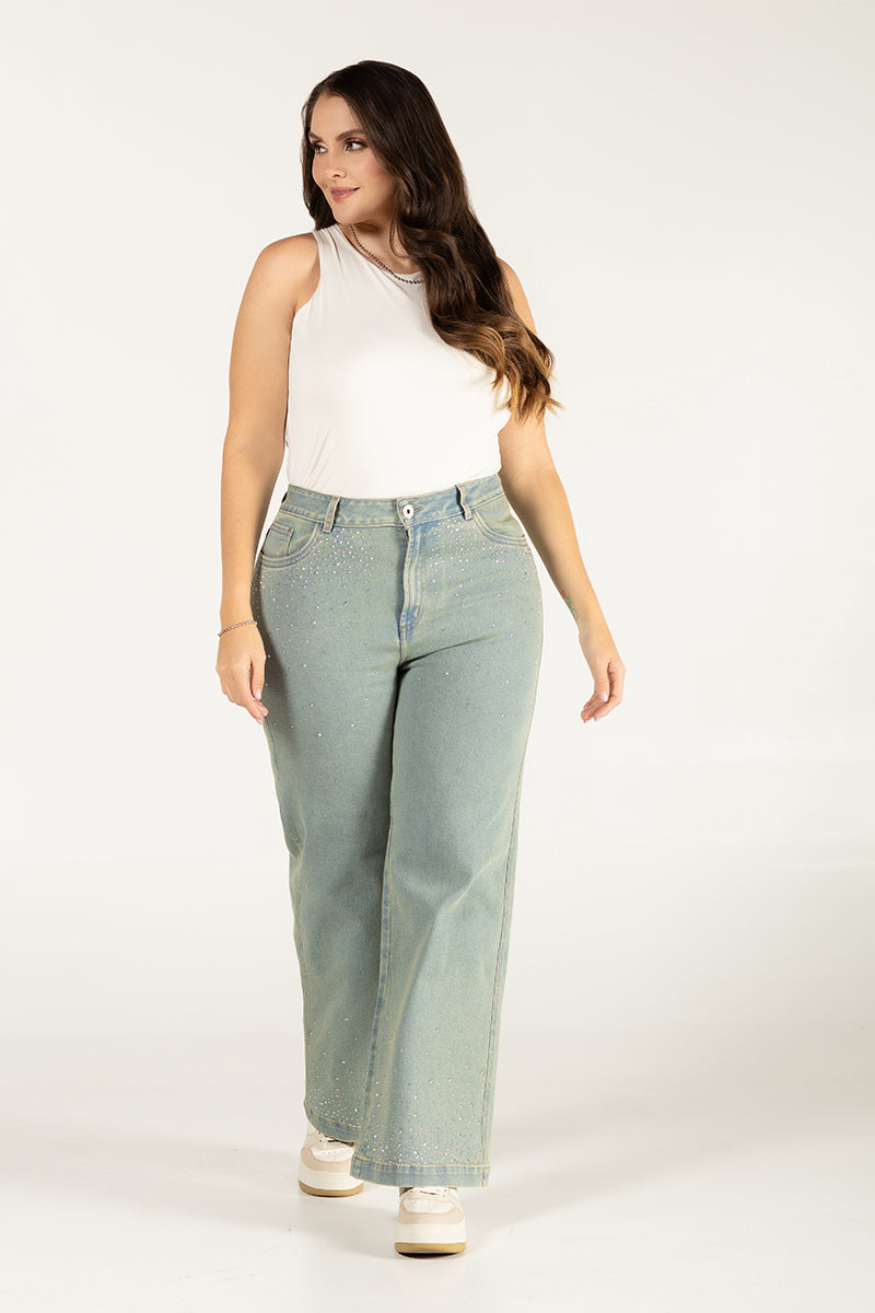 Jean Wide Leg Tiro Alto Corte Amplio Denim Stretch Marca Trucco´s Plus Size