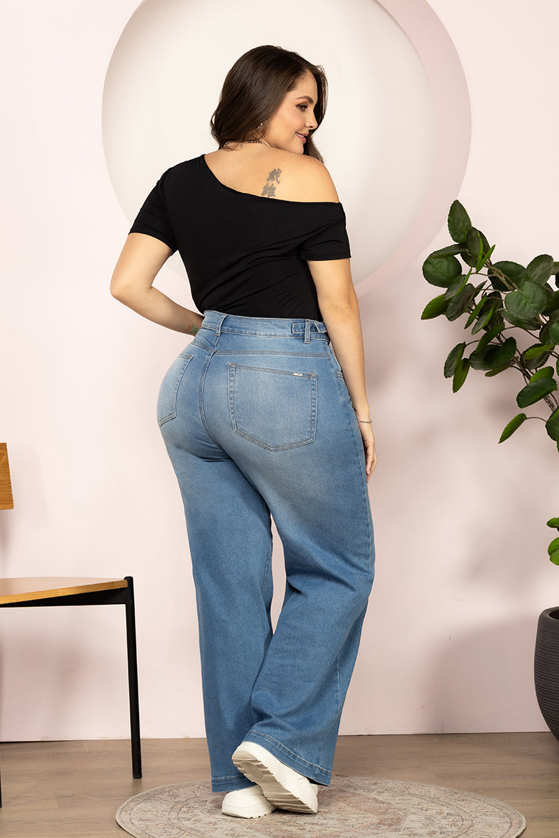 Jean Wide Leg Denim Tiro Alto Corte Fluido y Moderno Marca Trucco´s Plus size
