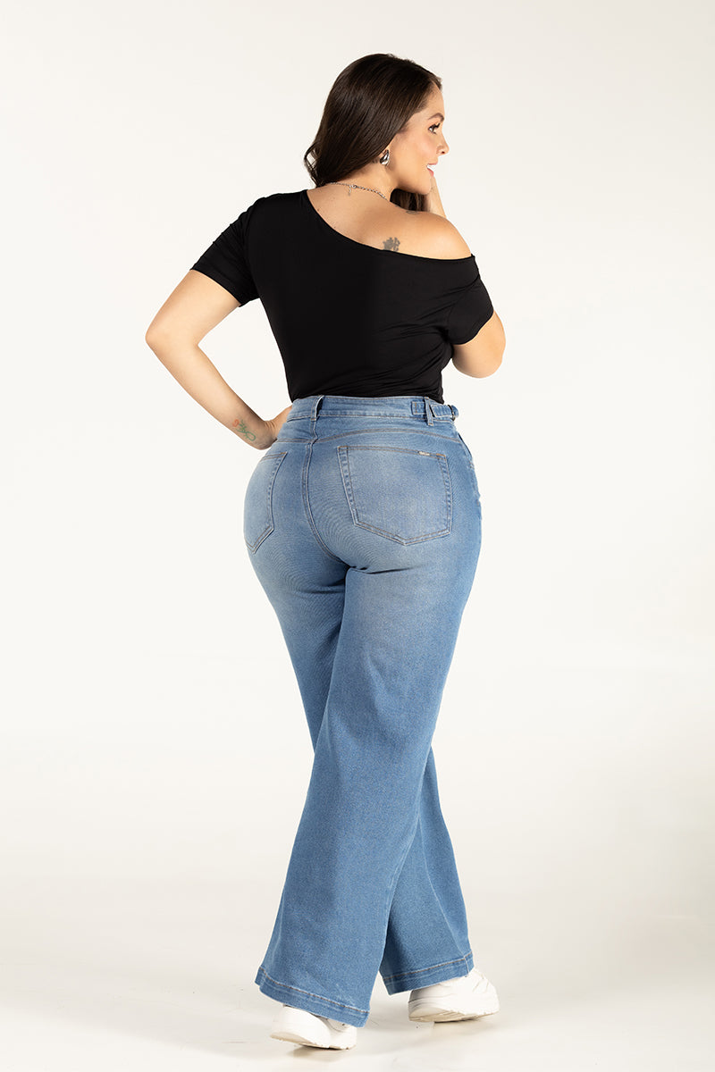 Jean Wide Leg Denim Tiro Alto Corte Fluido y Moderno Marca Trucco´s Plus size