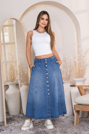 Falda Larga Denim con Botones Frontales Estilo Atemporal y Versátil Marca Trucco´s