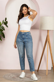 Jean Mom Fit Tiro Alto Denim Azul Medio Marca Trucco´s