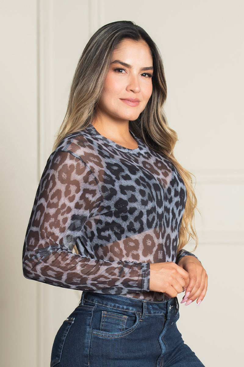 Blusa manga Larga en transparencia animal Print Leopardo Marca Trucco´s