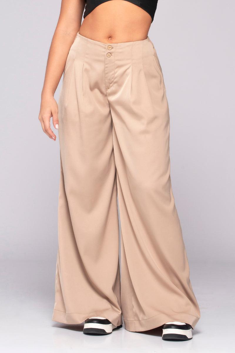 Pantalón Wide Leg Tiro Alto Pretina Resortada con Pinzas con Ribete Marca Trucco´s