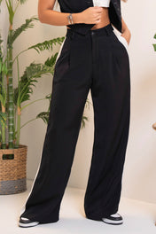 Set 2 Piezas Chaleco Corto Doble Pantalón Wide Leg Drapeado Tiro Alto Marca Trucco´s