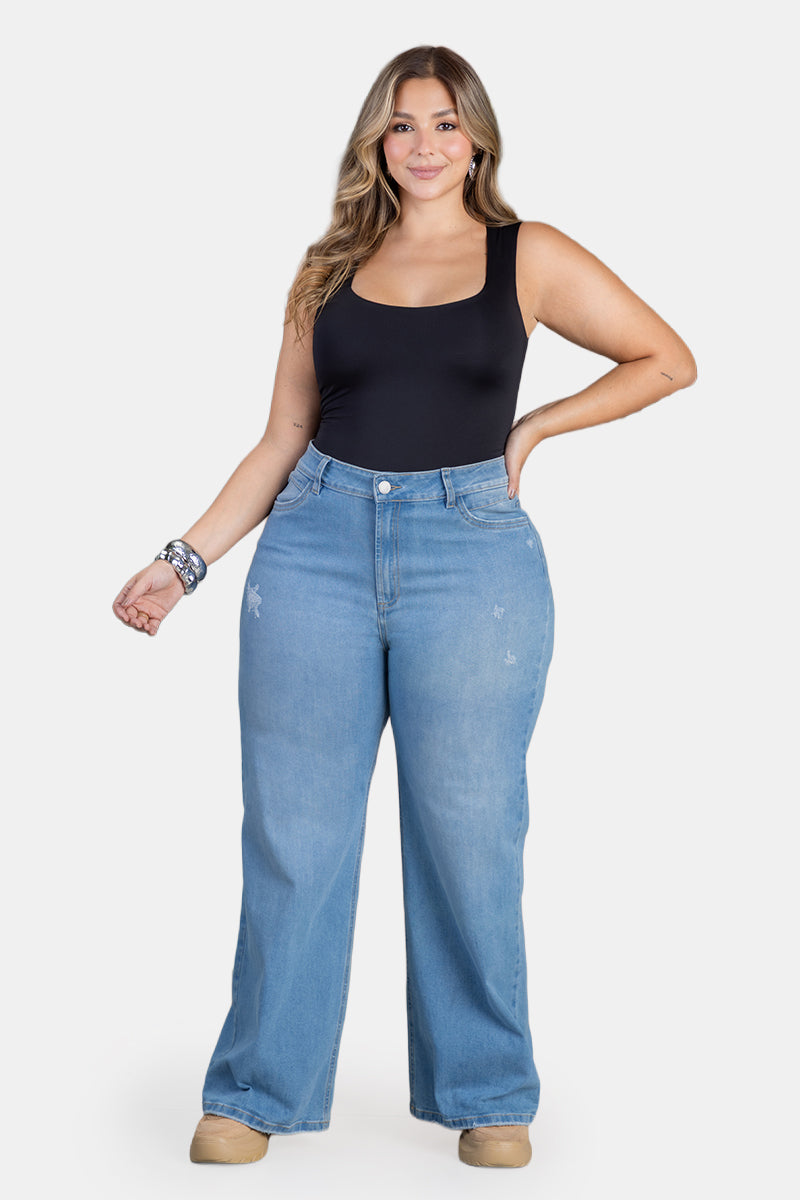 Jean Wide Leg en Algodón, Poliéster y Elastano Marca Trucco's Plus Size