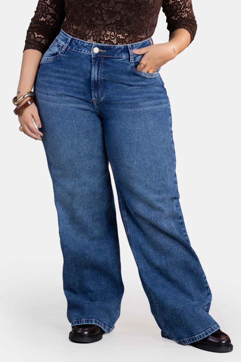 Jean Wide Leg en Algodón, Poliéster y Elastano Marca Trucco's Plus Size