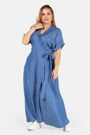 Vestido Midi Drapeado Azul Medio Marca Trucco´s Plus Size