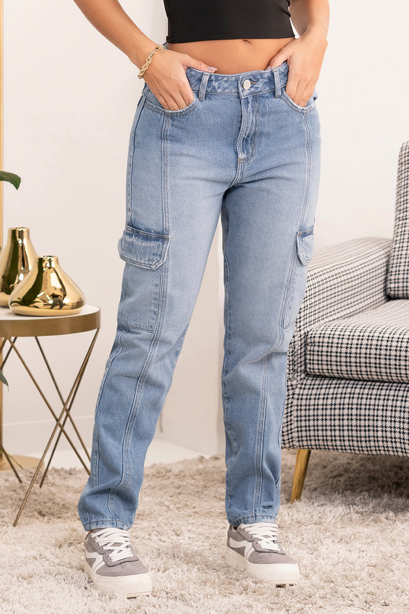 Jean Mom Fit  Tipo Cargo Tiro Alto Denim Marca Trucco´s