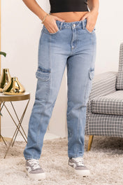 Jean Mom Fit  Tipo Cargo Tiro Alto Denim Marca Trucco´s