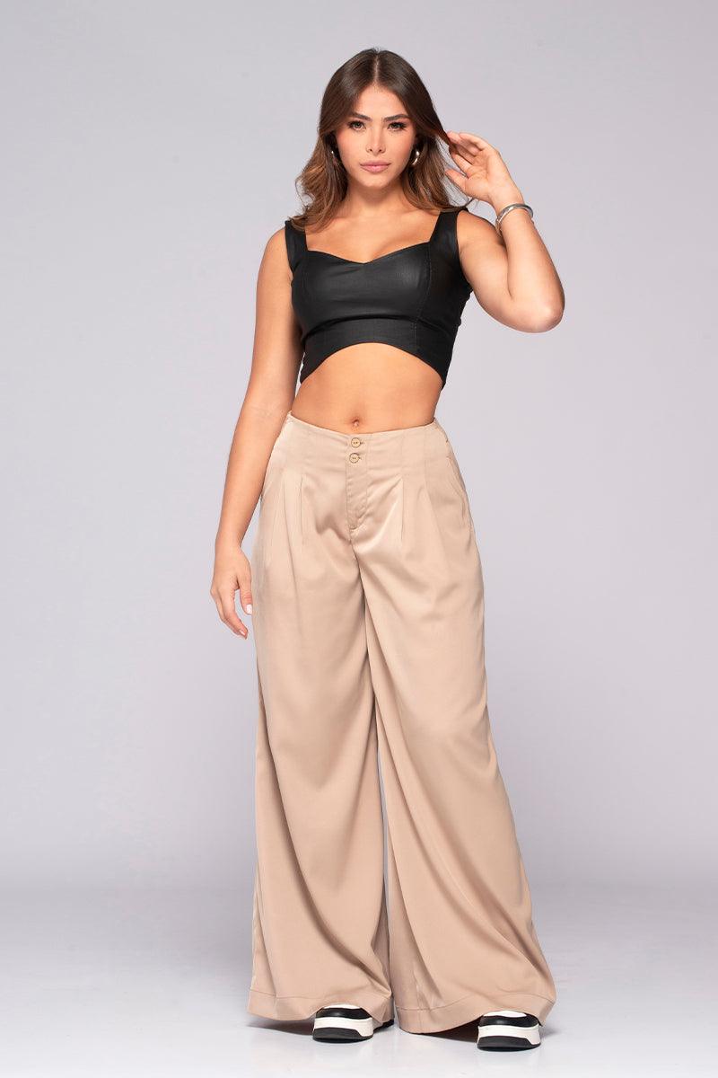 Pantalón Wide Leg Tiro Alto Pretina Resortada con Pinzas con Ribete Marca Trucco´s