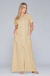 Vestido Largo Marca Corta Con Bolsillos Cinturón y Botonadura Marca Trucco´s