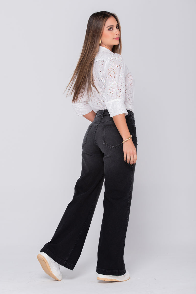 Jean Wide Leg Tiro Alto Color Negro Marca Trucco´s