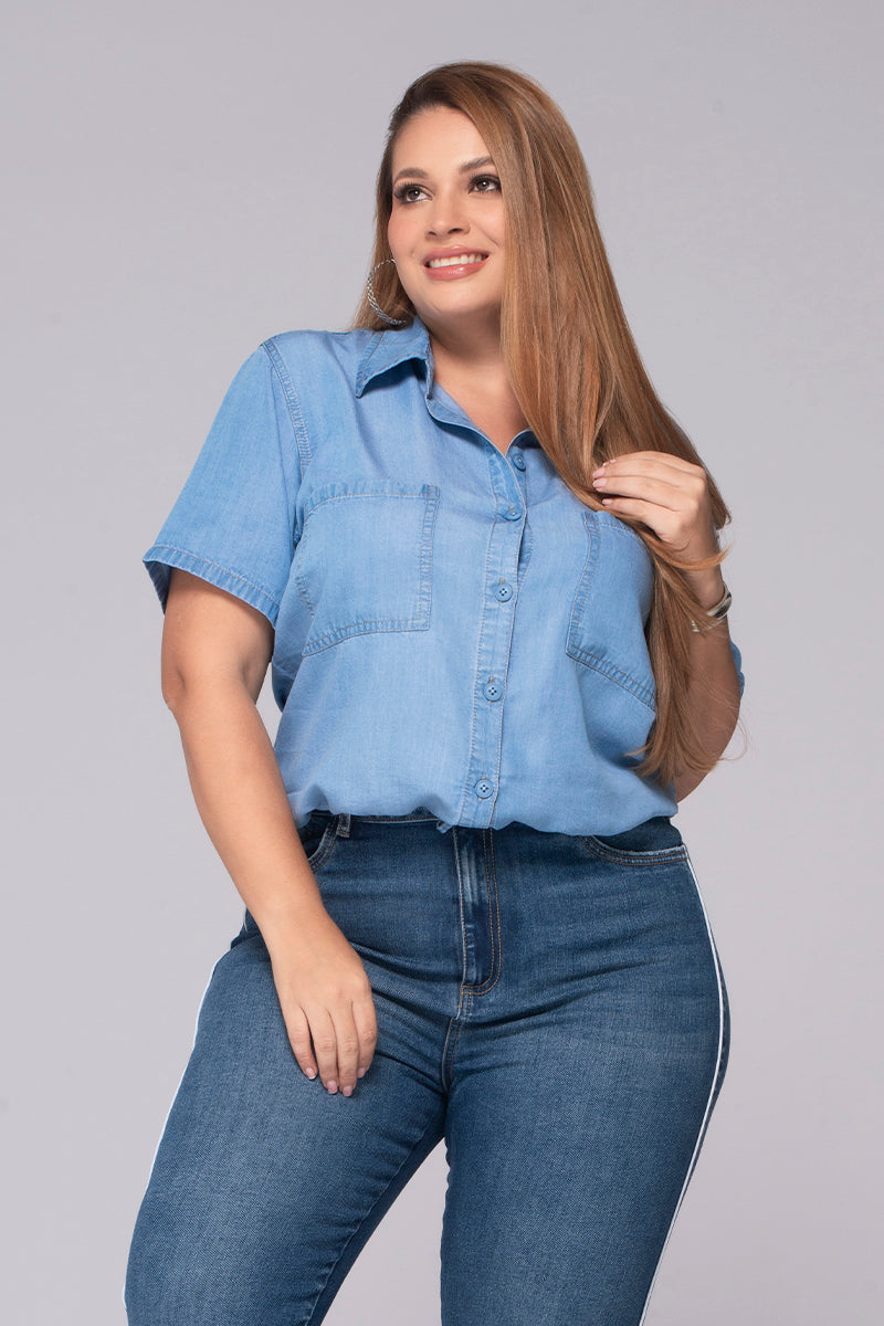 Camisa Manga Corta en Tencel Con Bolsillos Marca Trucco´s Plus Size