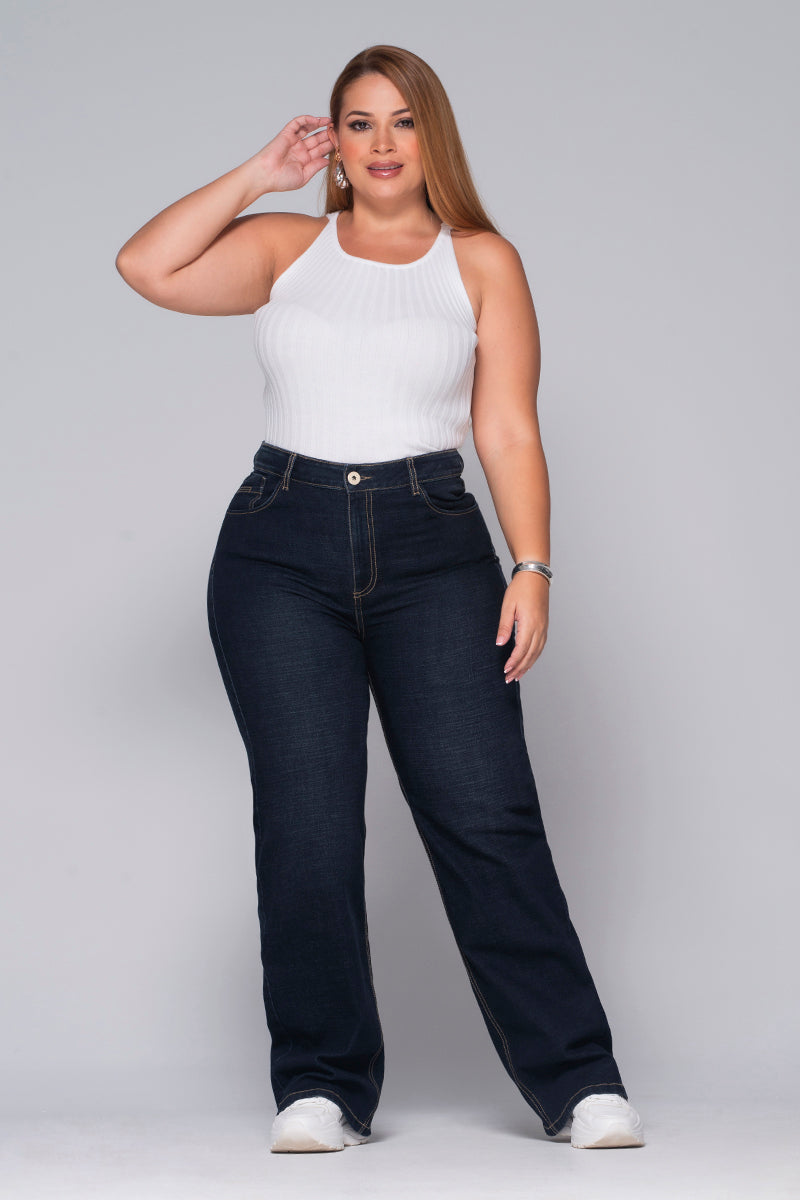 Jean Wide Leg Tiro Alto Bota recta Costura en Contraste Marca Trucco´s Plus Size