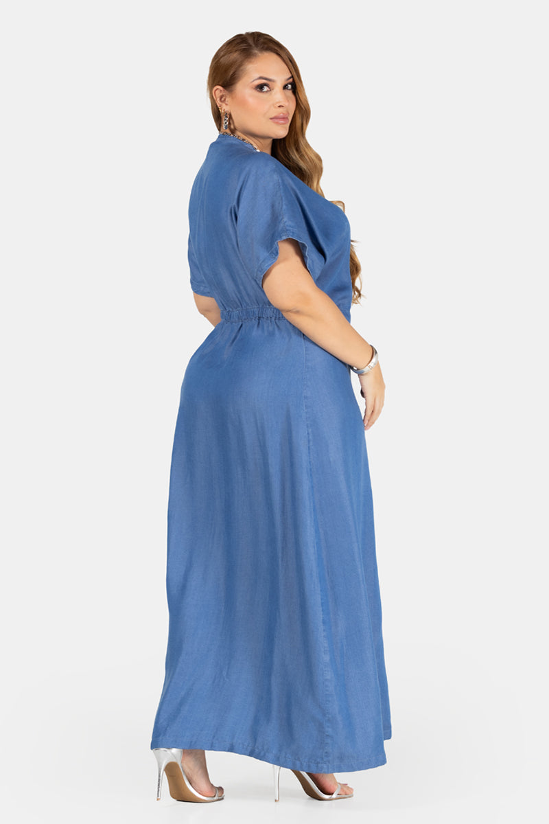 Vestido Midi Drapeado Azul Medio Marca Trucco´s Plus Size