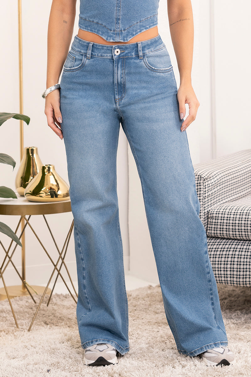 Jean Wide Leg Tiro Alto con Desgaste Marca Trucco´s