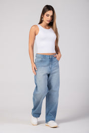 Jean Barrel Tiro Alto Con Brillos Marca Truccos