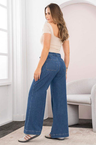 Jean Wide Leg Tiro Alto Láser Efecto Rayas Pretina Resortada de Anudar Marca Trucco´s - 2