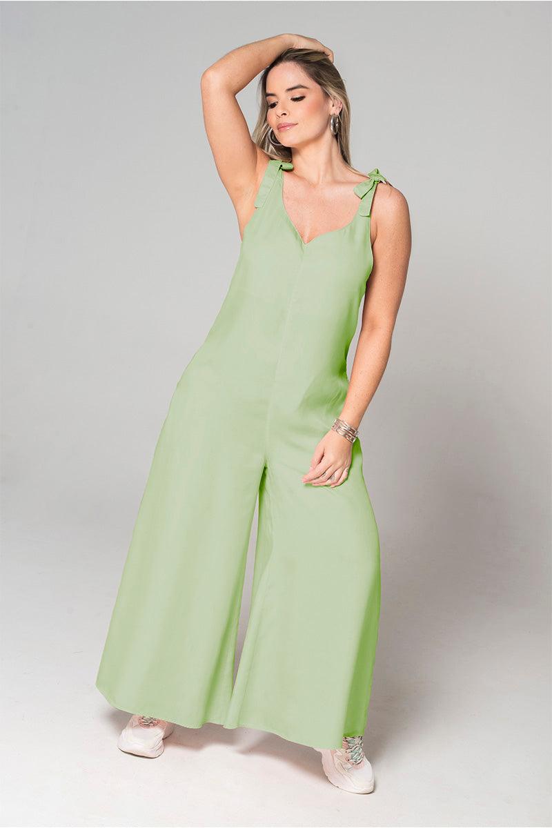 Enterizo Largo Wide Leg Tela Tencel Escote V de Anudar en Hombros Con Bolsillos Marca Trucco's