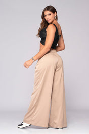 Pantalón Wide Leg Tiro Alto Pretina Resortada con Pinzas con Ribete Marca Trucco´s