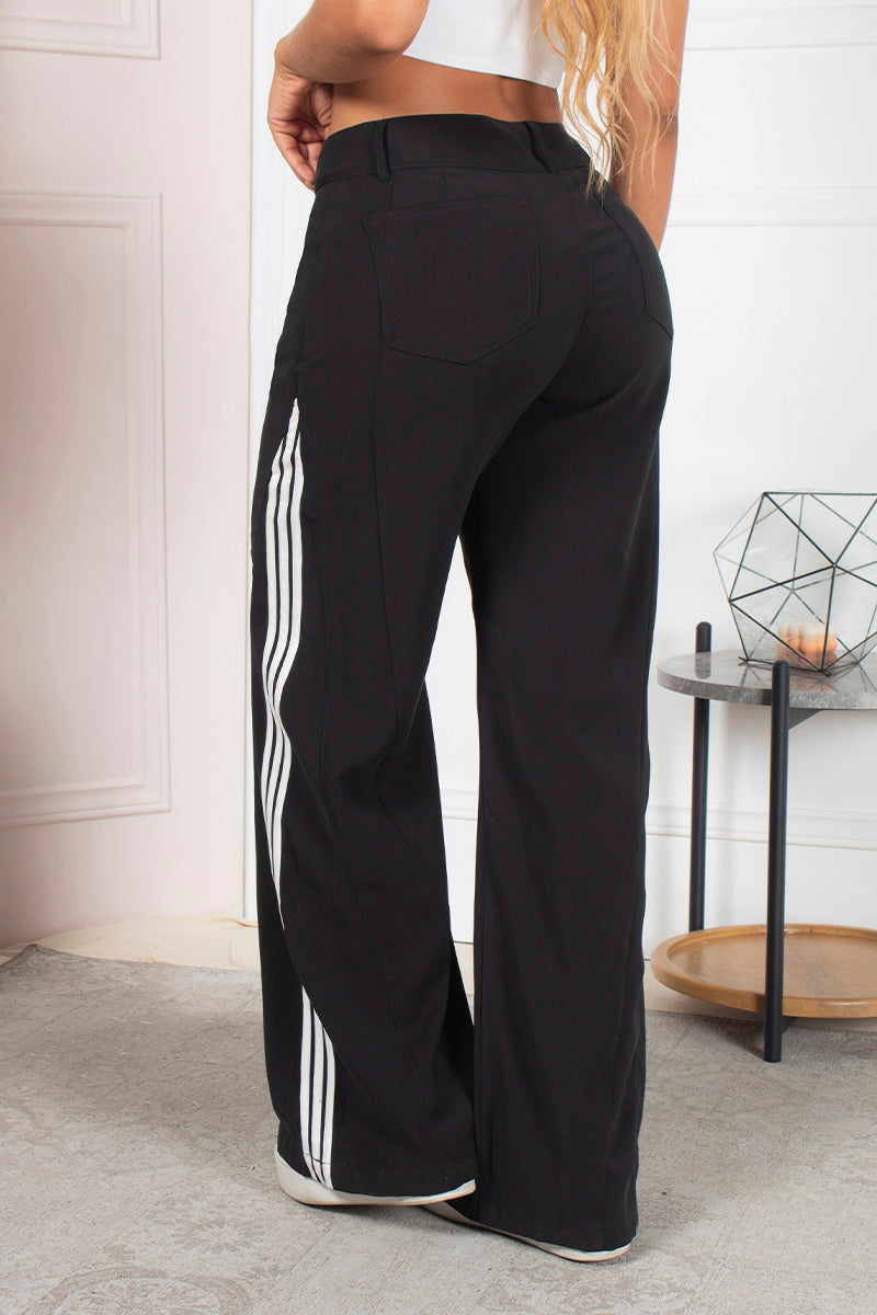 Pantalón Wide Leg Bota Semi Campana Tiro Alto Rayas Laterales en Contraste Marca Trucc´s Plus Size