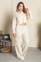 Set 2 Piezas Tipo Cargo Pantalón Tiro Alto Camisa Corta con Bolsillo Expuesto Marca Trucco´s
