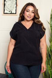 Blusa Larga Manga Corta Bolsillos con Ribete y Ojal Marca Trucco´s Plus Size