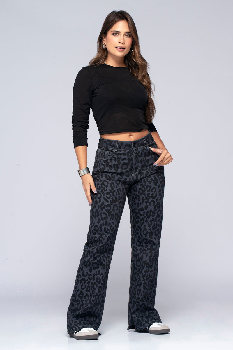 Jean Wide Leg Tiro Alto Estampado Láser Animal Print Leopardo Marca Trucco´s