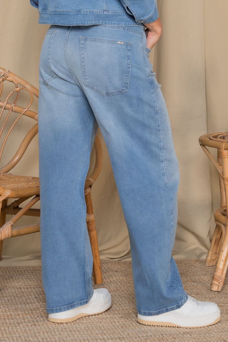 Jean Barrel Tiro Alto Con Brillos Marca Truccos