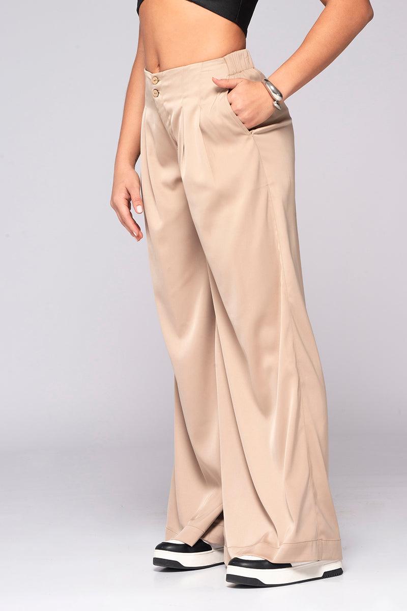 Pantalón Wide Leg Tiro Alto Pretina Resortada con Pinzas con Ribete Marca Trucco´s
