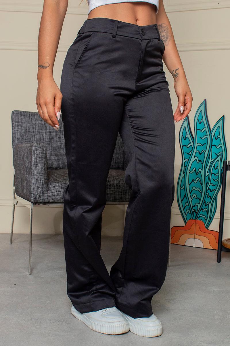 Pantalón Wide Leg Tiro Alto Pretina Resortada Bolsillos Falsos con Ribete Marca Trucco´s