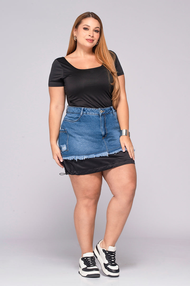 Falda Corta Doble Ruedo Ajustable En Contraste Denim Marca Trucco´s Plus Size