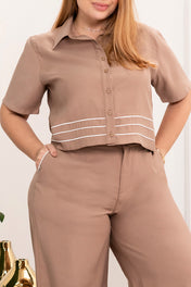 Set 2 Piezas Pantalón Wide Leg Camisa Con Líneas En Contraste Marca Trucco´s Plus Size