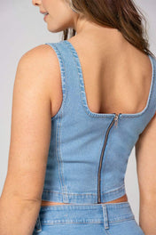 Blusa Corta Denim Manga Sisa Cierre Posterior Costura Expuesta Marca Trucco´s