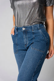 Jean Wide Leg Denim Tiro Alto Bolsillos Frontales Tipo Parche Marca Trucco´s