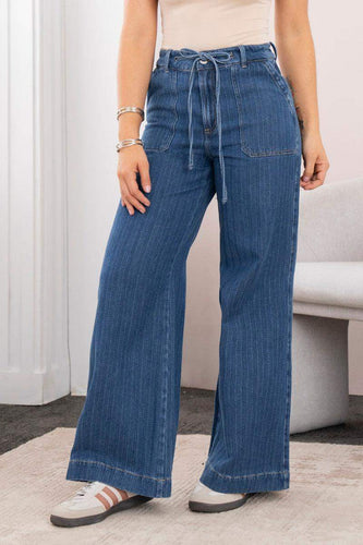 Jean Wide Leg Tiro Alto Láser Efecto Rayas Pretina Resortada de Anudar Marca Trucco´s - 3