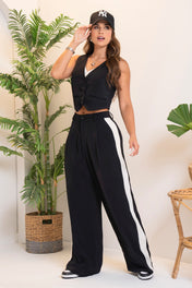 Set 2 Piezas Chaleco Corto Doble Pantalón Wide Leg Drapeado Tiro Alto Marca Trucco´s