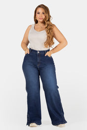 Jean Wide Leg Azul Oscuro con Detalles en Bota Marca Trucco´s Plus Size