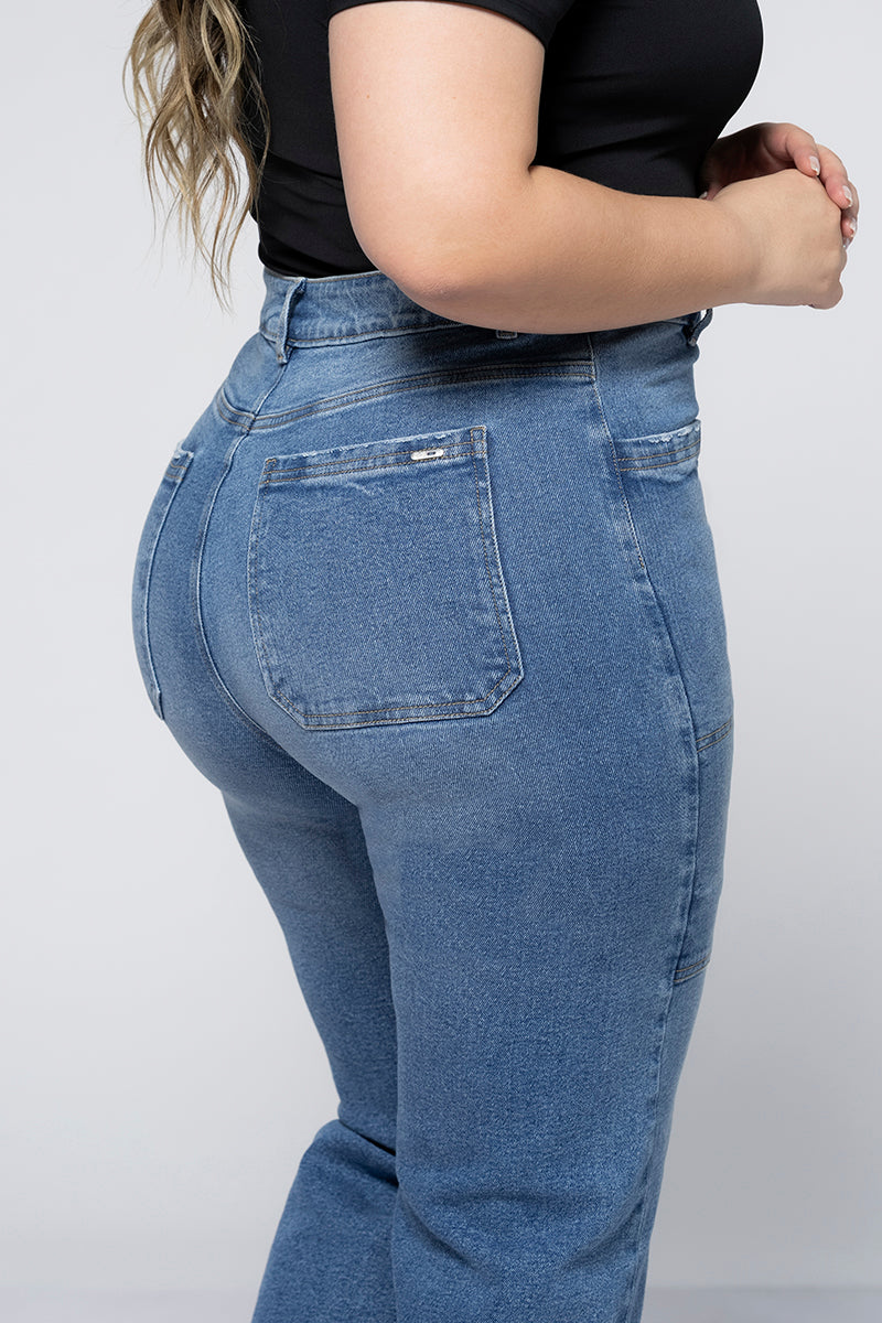 Jean Wide Leg Tiro Alto Bolsillos Frontales Tipo Parche Marca Trucco´s Plus Size
